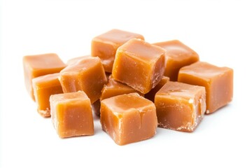 Caramel candy cubes on solid white background. AI generated
