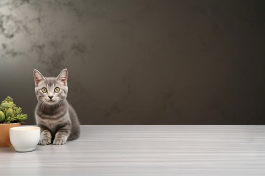 Gray tabby cat sitting on wooden table with houseplant and copy space. Minimalist pet portrait for veterinary clinic, animal shelter, World Animal Day or Pet Day - Powered by Adobe