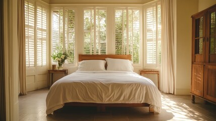 A traditional American-style bed with clean, smooth sheets and a simple headboard, placed in a spacious, airy room with natural light filtering through the windows.