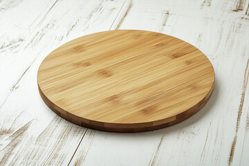 Empty round bamboo wooden board on a white wood background showcasing natural textures