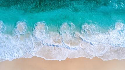 Fototapeta premium Aerial View of Turquoise Waves Gently Crashing on a Sandy Beach : Generative AI