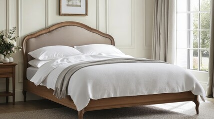 A traditional American-style bed with soft bedding and a simple headboard, set in a spacious room with natural lighting and open space for text.