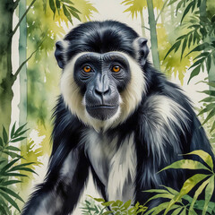 Obraz premium watercolor illustration A wild colobus monkey in a lush, vibrant forest is a captivating sight. Its long, flowing black and white fur is striking, especially around its face