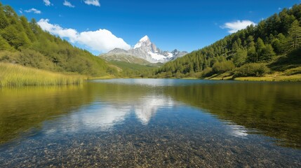 Fototapeta premium Serene Mountain Lake Reflecting Snow Capped Peak