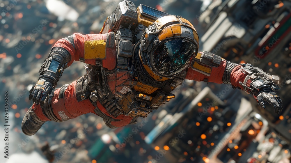 Poster an astronaut in a futuristic setting, floating amidst debris and structures.