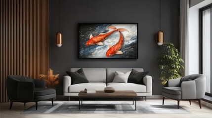 A framed piece of koi fish art hanging in a modern living room.