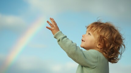 Child Reaching For Rainbow Against Cloudy Sky
