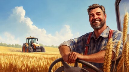 A smiling farmer resting his hand on the wheel of his tractor while standing in a beautiful field, with golden crops swaying in the breeze under a clear blue sky