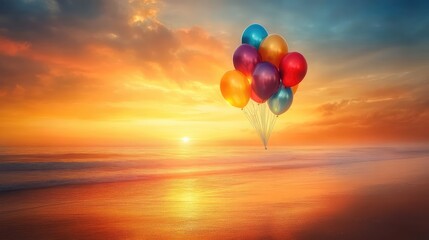 Fototapeta premium A vibrant explosion of rainbow balloons against a golden sunset, high contrast creating striking copy space.