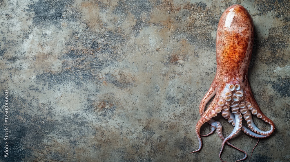 Poster a whole fresh squid placed on a textured background with empty space for adding branding, copy, or d