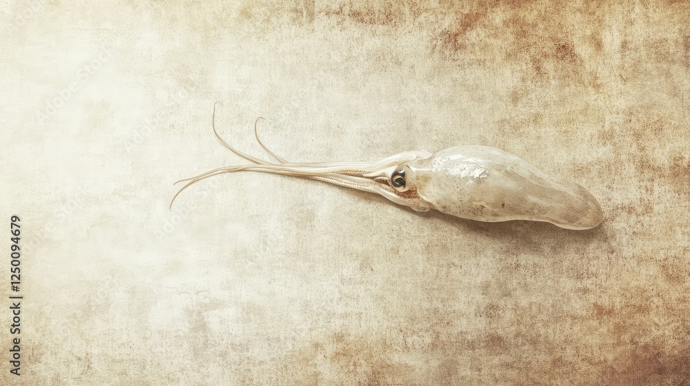 Poster a whole fresh squid placed on a textured background with empty space for adding branding, copy, or d