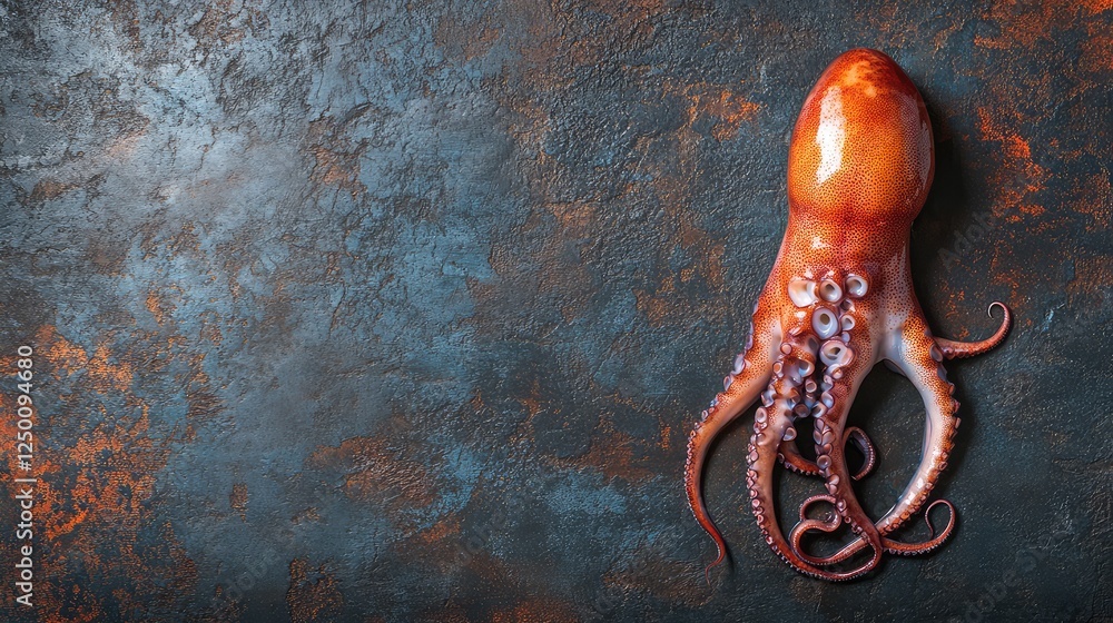 Poster a whole fresh squid placed on a textured background with empty space for adding branding, copy, or d