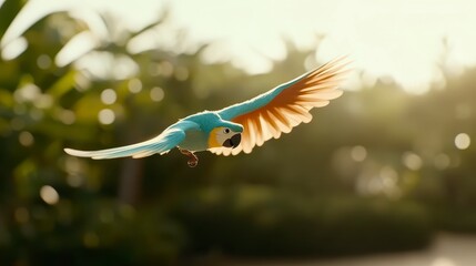 Vibrant Blue Macaw in Flight Against a Lush Green Background