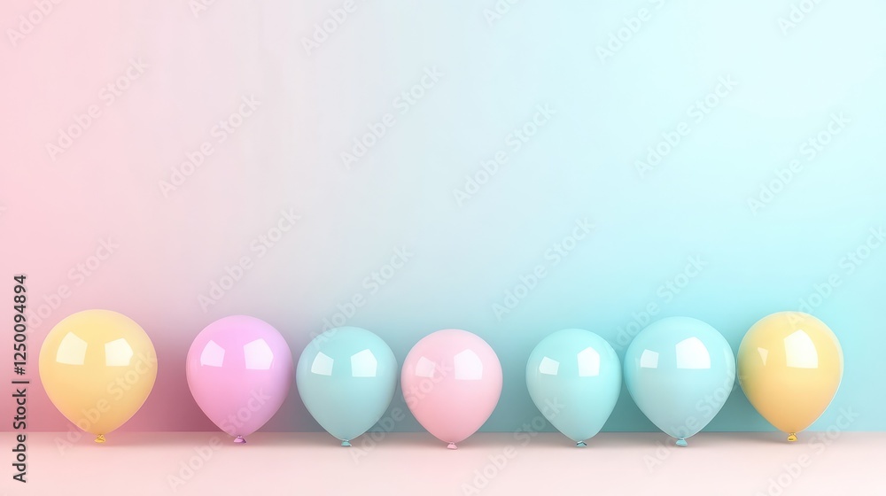 Poster balloons arranged in a perfect circle, floating in the sky with soft pastel background copy space.