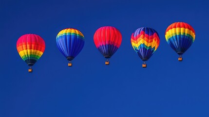 Fototapeta premium A wide panoramic view of rainbow balloons floating at different heights in a deep blue sky, ample copy space for text placement.