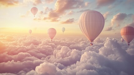 Fototapeta premium Balloons ascending into a sky filled with cotton candy clouds, dreamy copy space.
