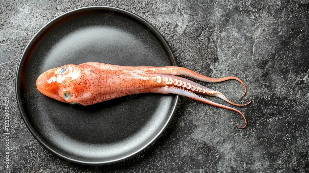 Poster close-up of a fresh squid placed on a sleek black plate with ample open space for text or design.