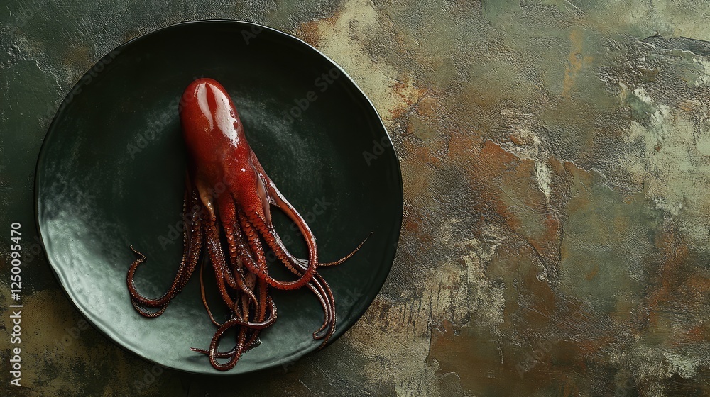 Poster close-up of a fresh squid placed on a sleek black plate with ample open space for text or design.