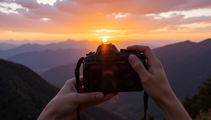 Capturing sunset with camera in mountains - passion for photography