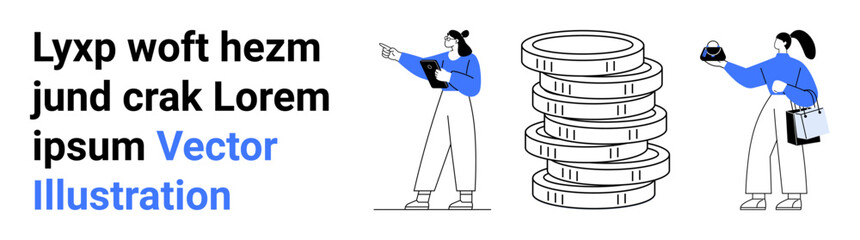 Businesswoman pointing at charts, coin stack symbolizing financial growth, and coworker analyzing data. Ideal for finance, investment, budgeting, teamwork, business growth, corporate tools flat