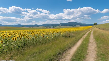 Flower Field With Country Road Under Partly Cloudy Sky  keywords_list" ["flower","field","road","lan