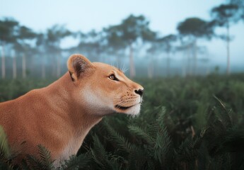 Obraz premium Majestic Lioness Observing Nature in Misty Forest Environment