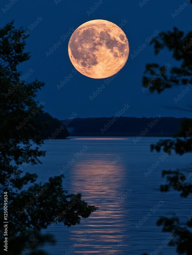 Poster majestic full moon illuminating calm water under night sky creating breathtaking view : generative a