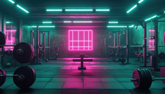Neon Gym Interior with Weights and Equipment (1)