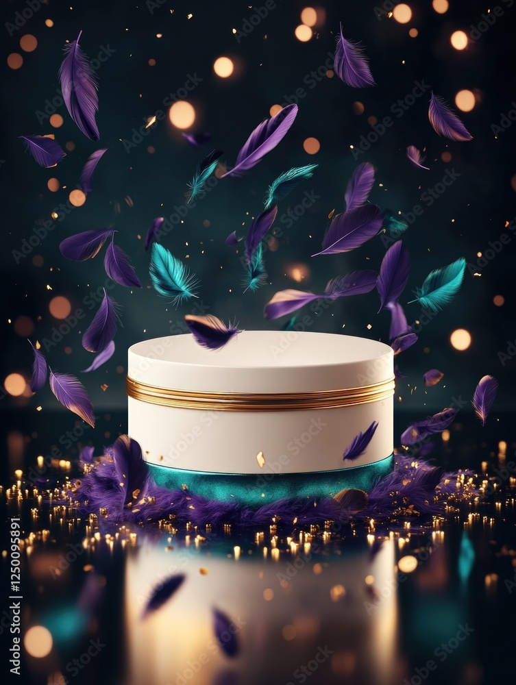 Poster white circular podium with colorful feathers in a sparkling background