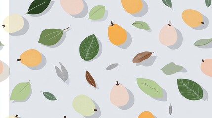 Colorful Flat Lay of Leaves and Fruit on a Light Background