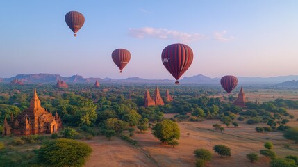 Naklejka premium Colorful hot air balloons in various stages of ascent above an open landscape, vast blue sky providing excellent copy space for advertisements or creative layouts.