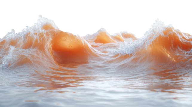 A mesmerizing view of orange-hued ocean waves crashing against the shoreline under a clear sky, capturing the raw beauty of nature's elements.
