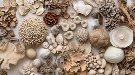 Obraz premium Dried botanicals arranged in a flat lay composition, neutral color palette with ample negative space.