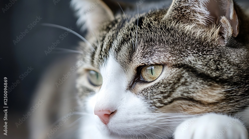 Aufkleber close up of a relaxed tabby cat with intense green eyes looking at the camera : generative ai