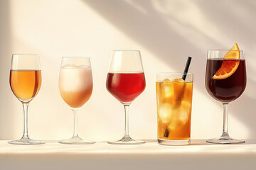 Row of assorted wine glasses on a sleek wooden bar counter with bottles of red and white wine in the background, illuminated by dim ambient lighting.