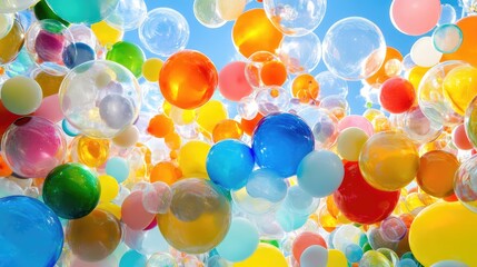 Floating balloons arranged in a loose, artistic composition, colorful elements contrasting with bright sky copy space.