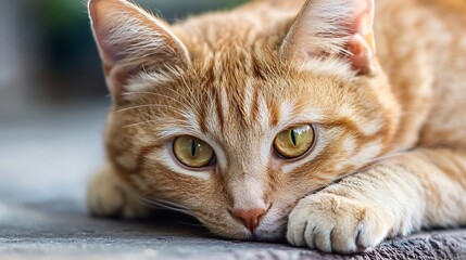 Relaxed Ginger Cat Eyes Laying Calmly on Soft Surface : Generative AI