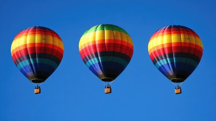 Naklejka premium Floating rainbow balloons reflecting sunlight, deep blue sky serving as an excellent copy space.