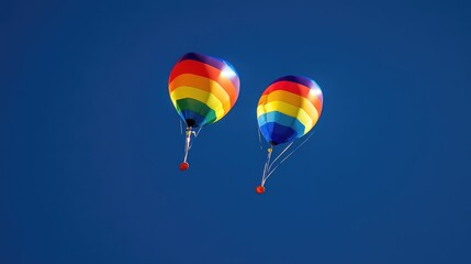 Naklejka premium Floating rainbow balloons reflecting sunlight, deep blue sky serving as an excellent copy space.