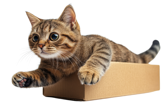 A playful kitten jumps out of a cardboard box, showcasing its curiosity and energy. The cat's expressive eyes reflect its adventurous spirit.
