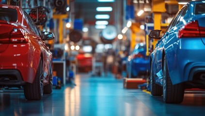 Obraz premium Assembly Line: Gleaming Red and Blue Cars in a Modern Factory