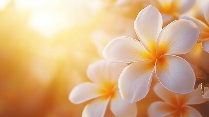 Fototapeta premium Golden sunset light illuminating delicate plumeria flowers, tropical warmth with open copy space.