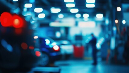 Fototapeta premium Blurred Nighttime Auto Repair Shop