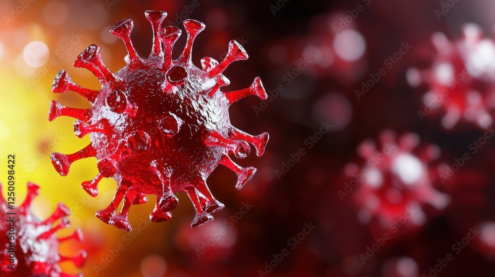 Poster microscopic red virus particle 3d render, dark background