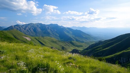 Obraz premium Beautiful panoramic mountain landscape under a blue sky with lush green hills and valley scenery : Generative AI