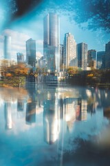 Fototapeta premium Modern Cityscape Reflection in Clear Waters with Stunning Urban Architecture : Generative AI