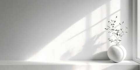 White vase with a plant in it sits on a white shelf