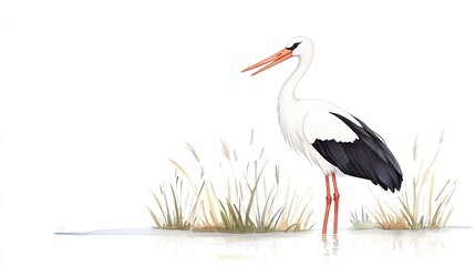 Elegant stork standing gracefully in shallow water amidst lush grasses and serene surroundings