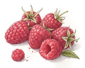 Juicy Raspberries Red Summer Fruit Illustration Watercolor Painting Food Still Life