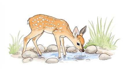 A young deer bends down to drink from a clear pond surrounded by smooth stones and grass